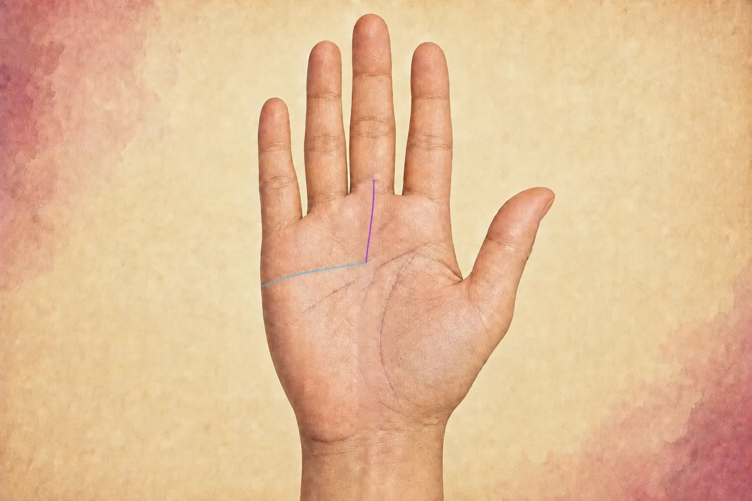 Violet fate line beginning at the blue head line in the middle of the palm and rising toward Saturn