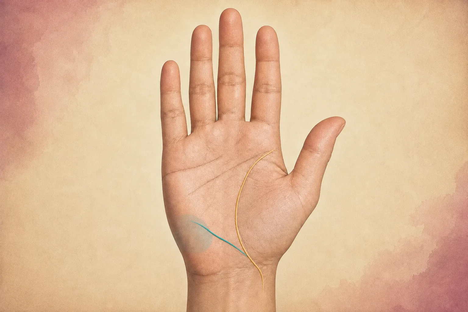 Gold life line continuing to the wrist while one teal branch reaches the blue-shaded Mount of Moon