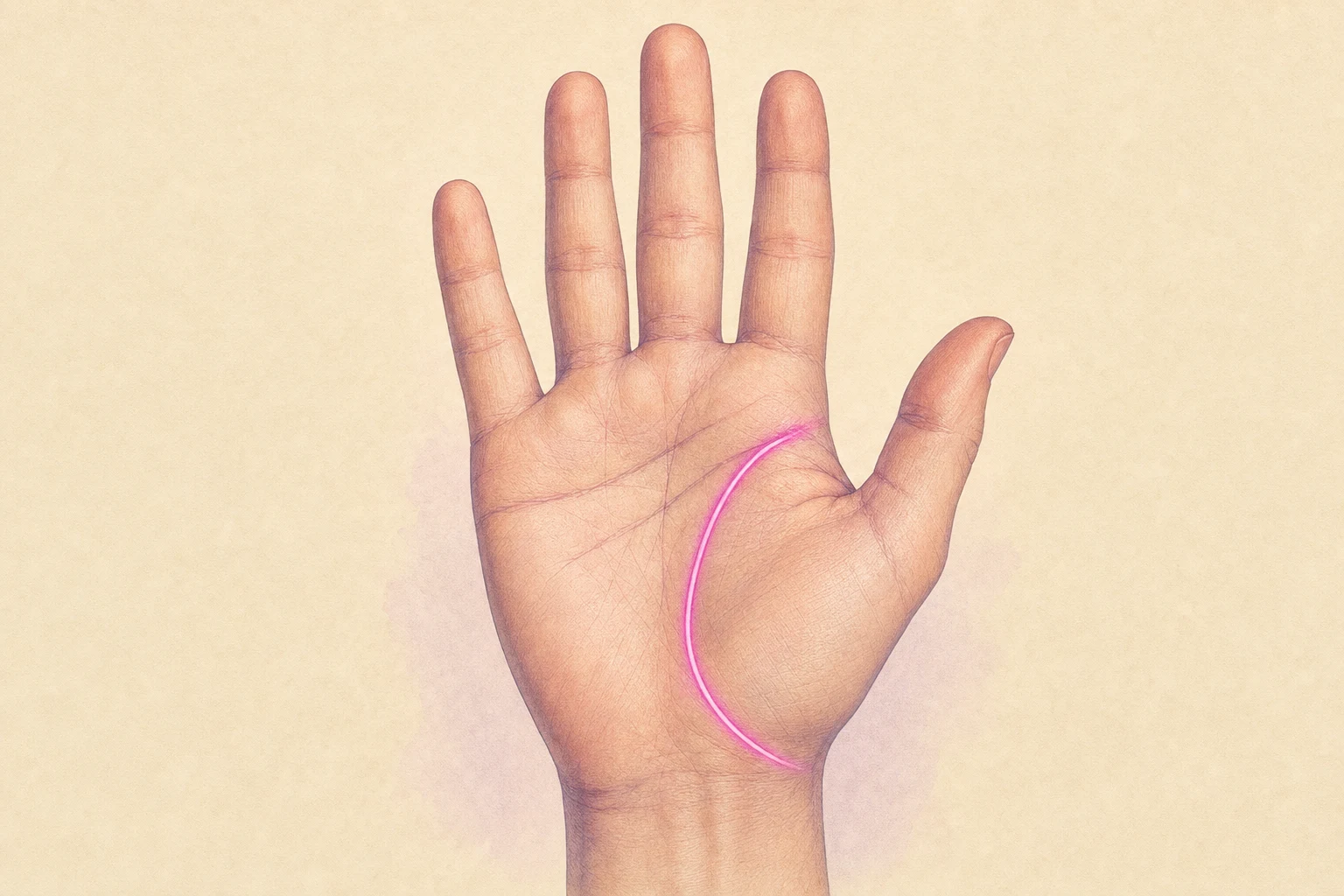 Open palm with the life line highlighted as it curves around the thumb mound