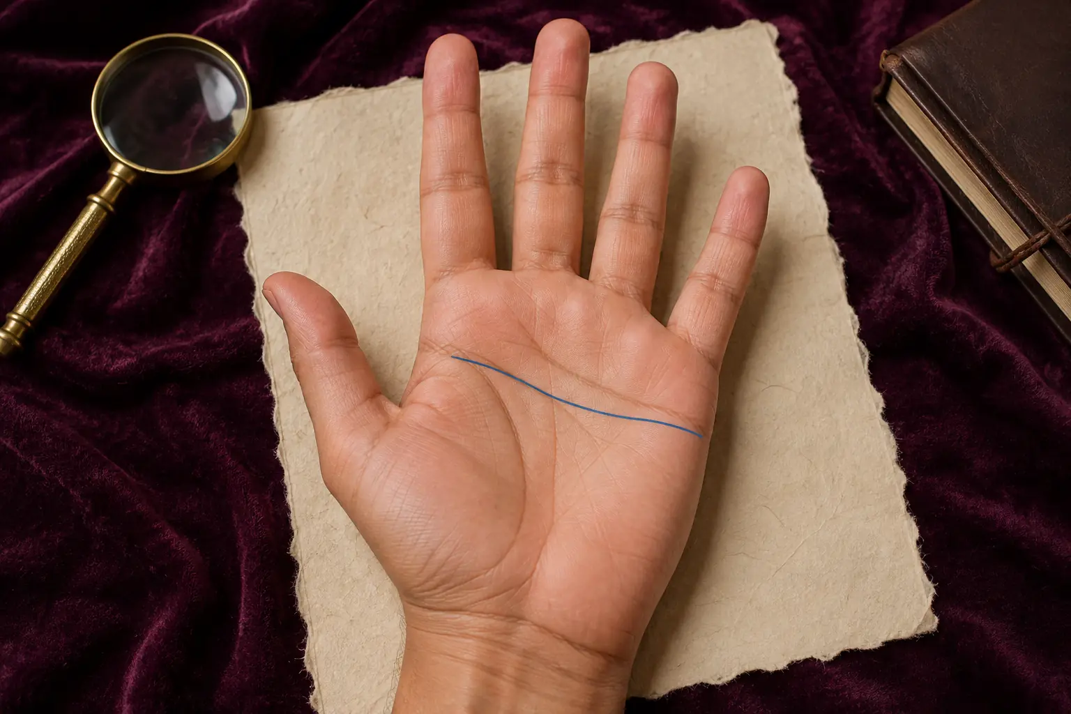 Right palm with one long blue Head line traced across most of the middle palm