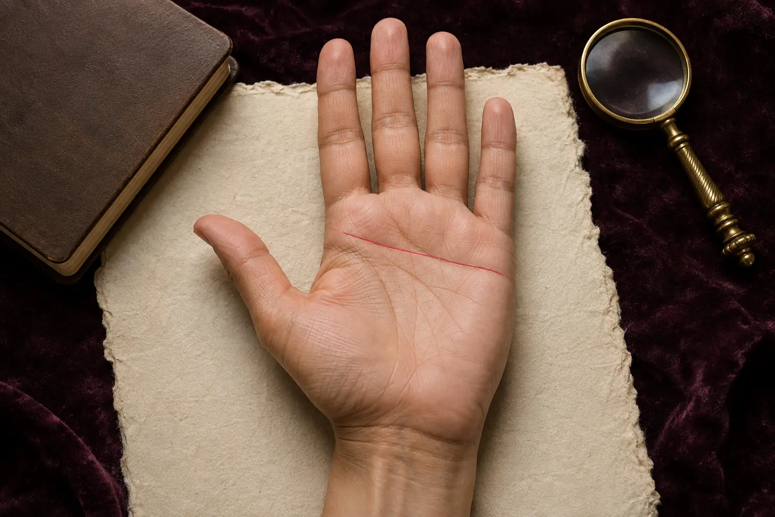 Right palm with one long rose Heart line traced across nearly the full upper palm