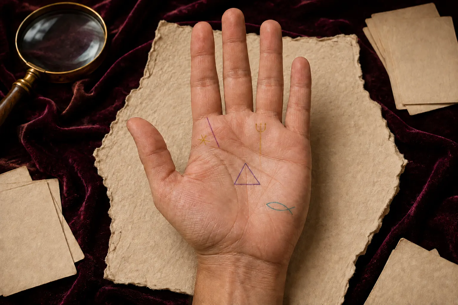 Right palm with verified fish, star, triangle, trident, and upward-branch guides