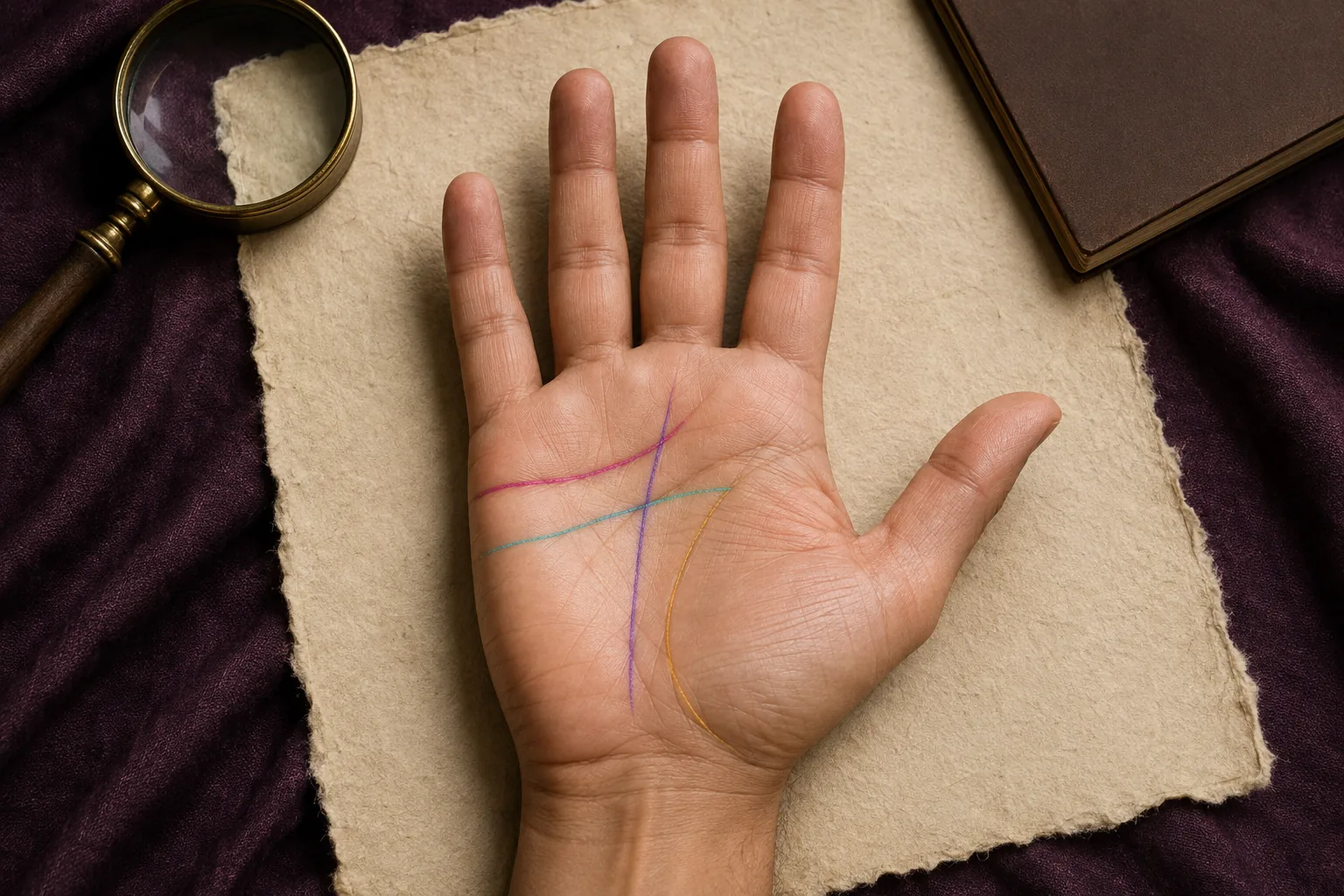 Right palm with the life, head, heart, and fate lines subtly traced to show the components of an M formation