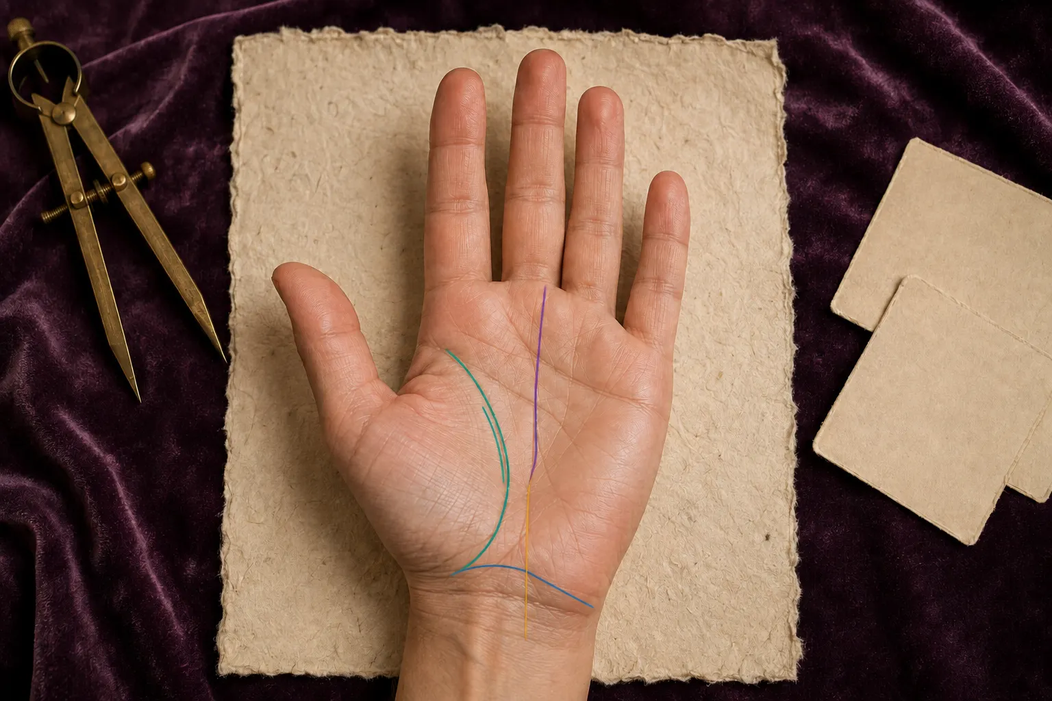 Right palm with highlighted fate-line shift, overlapping life-line section, and outward relocation branch