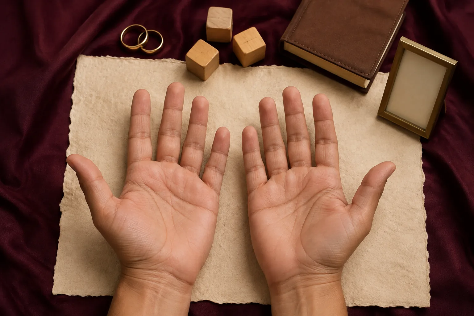 Two open palms beside joined rings, wooden blocks, a blank family journal, and an empty frame
