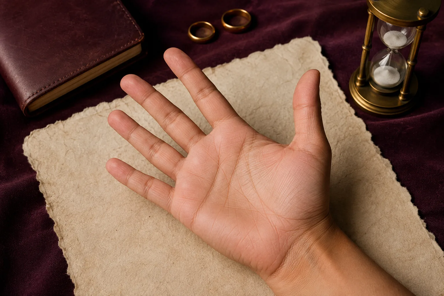 Open right palm beside two rings and an hourglass for a marriage-timing reading