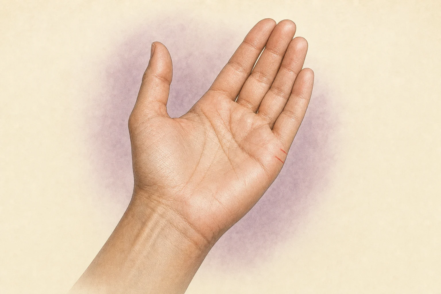 Angled palm showing short relationship lines on the outer edge below the little finger