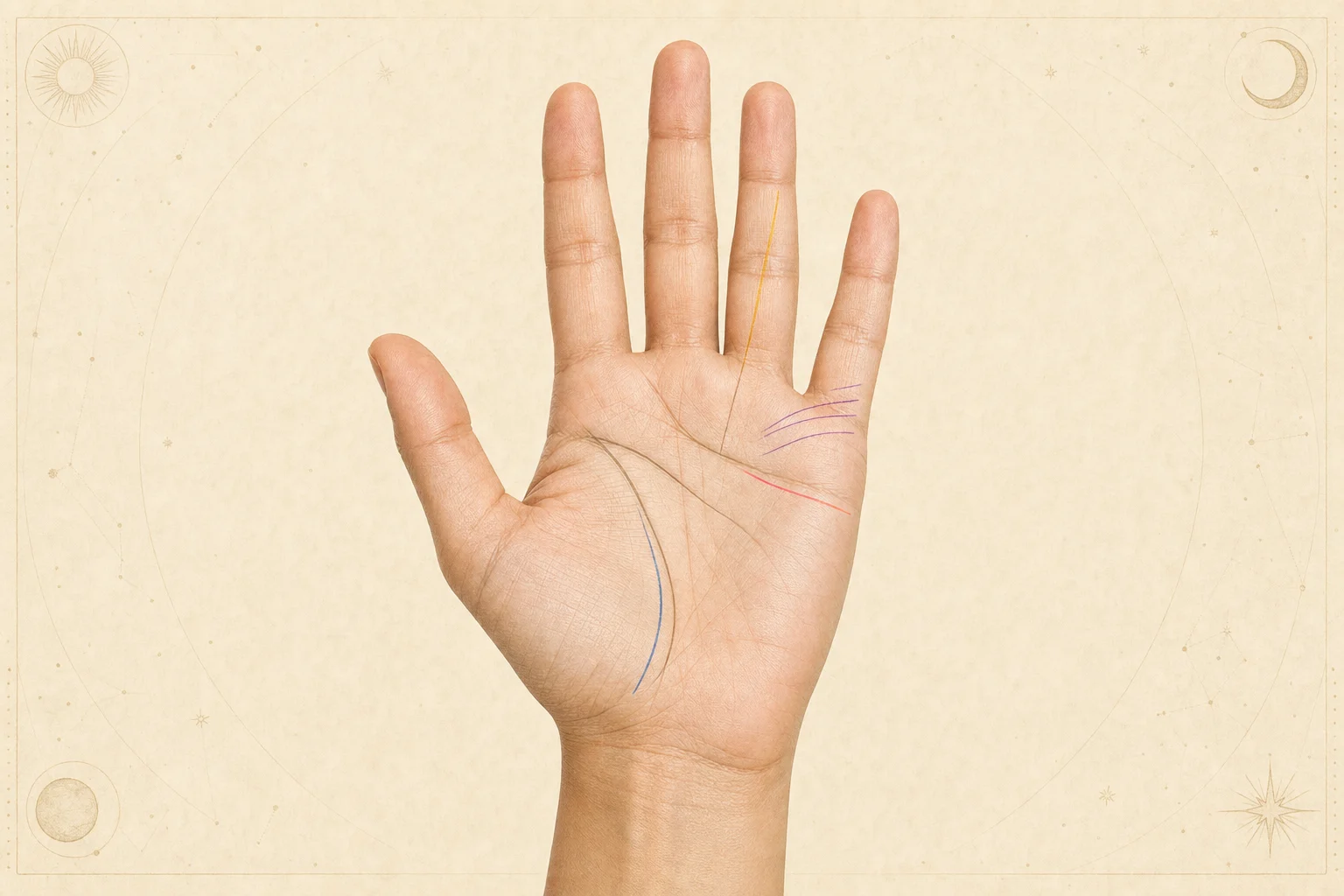 Open palm with several subtle minor palmistry lines highlighted in different colours