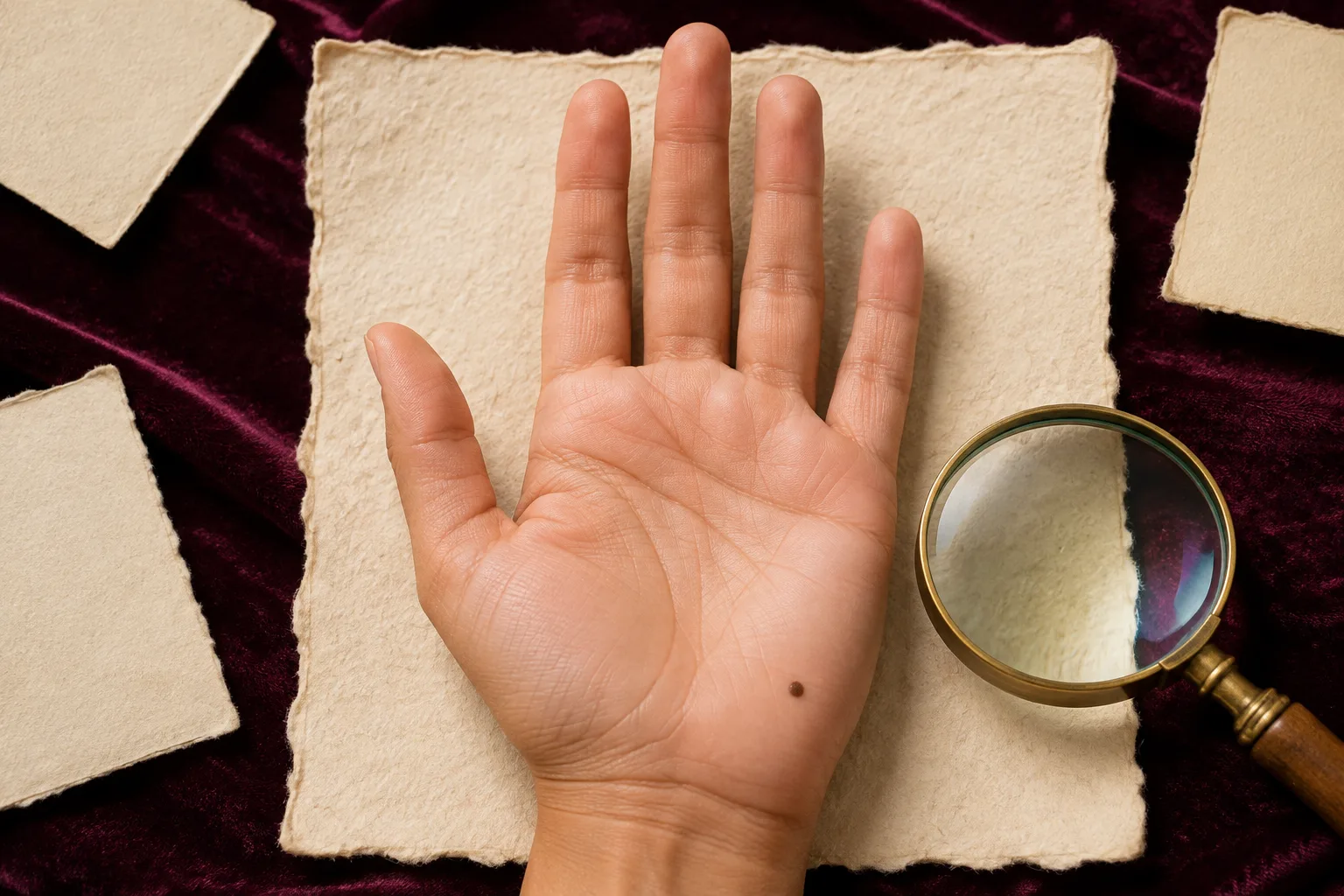 Right palm with one small flat brown mole on the lower outer Moon mount beside a magnifying glass