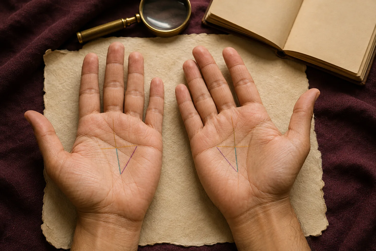 Two open palms comparing a closed money triangle with a similar formation that has one open corner