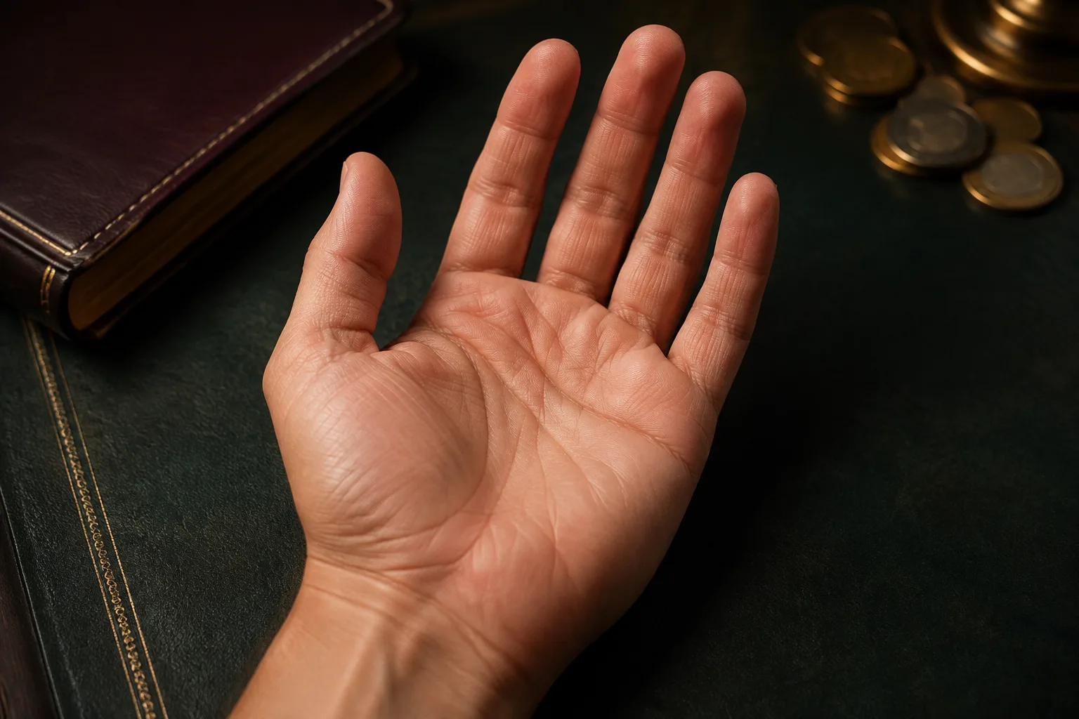 Open palm beside a leather ledger and brass coins for a money palmistry reading