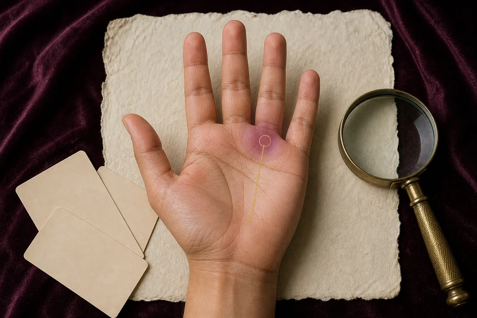 Right palm with the Mount of Apollo below the ring finger highlighted and the Sun line traced toward it