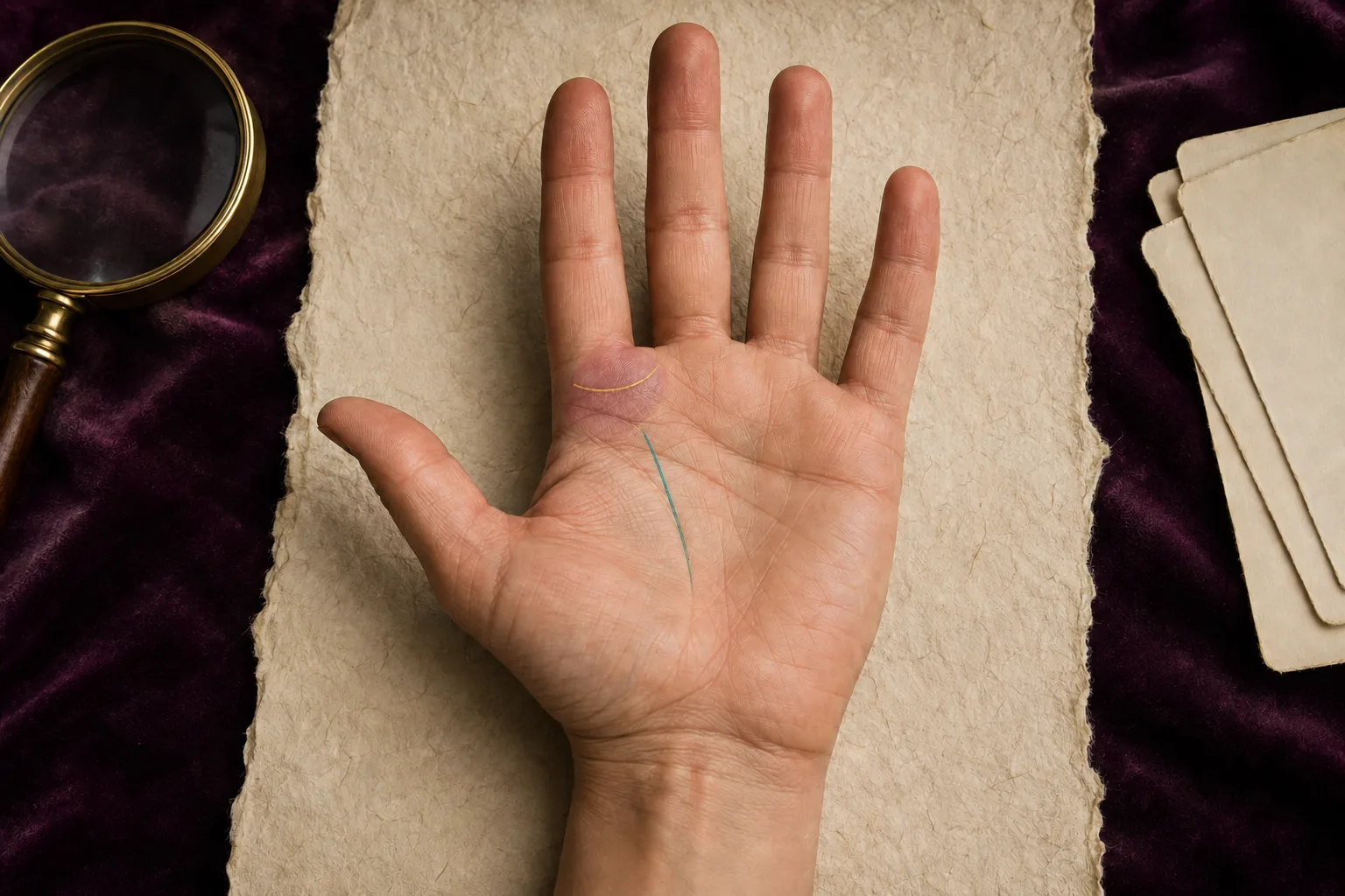 Right palm with the Mount of Jupiter below the index finger highlighted with a Ring of Solomon guide