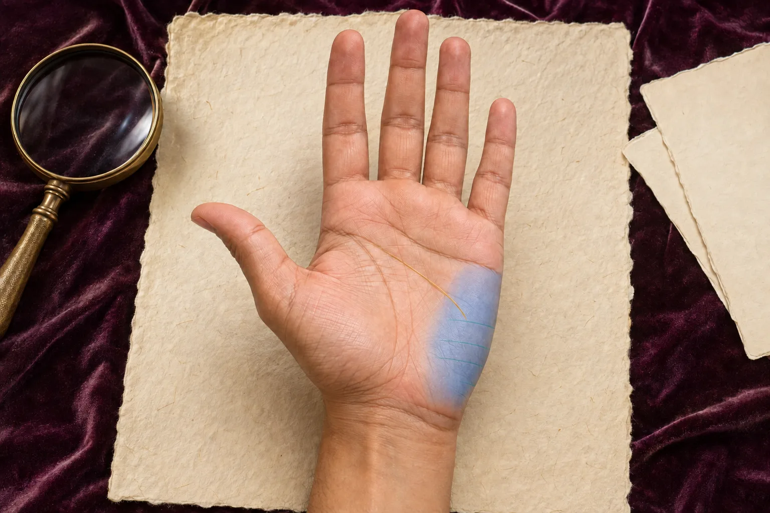 Right palm with the Mount of Moon highlighted on the lower outer edge with travel-line guides