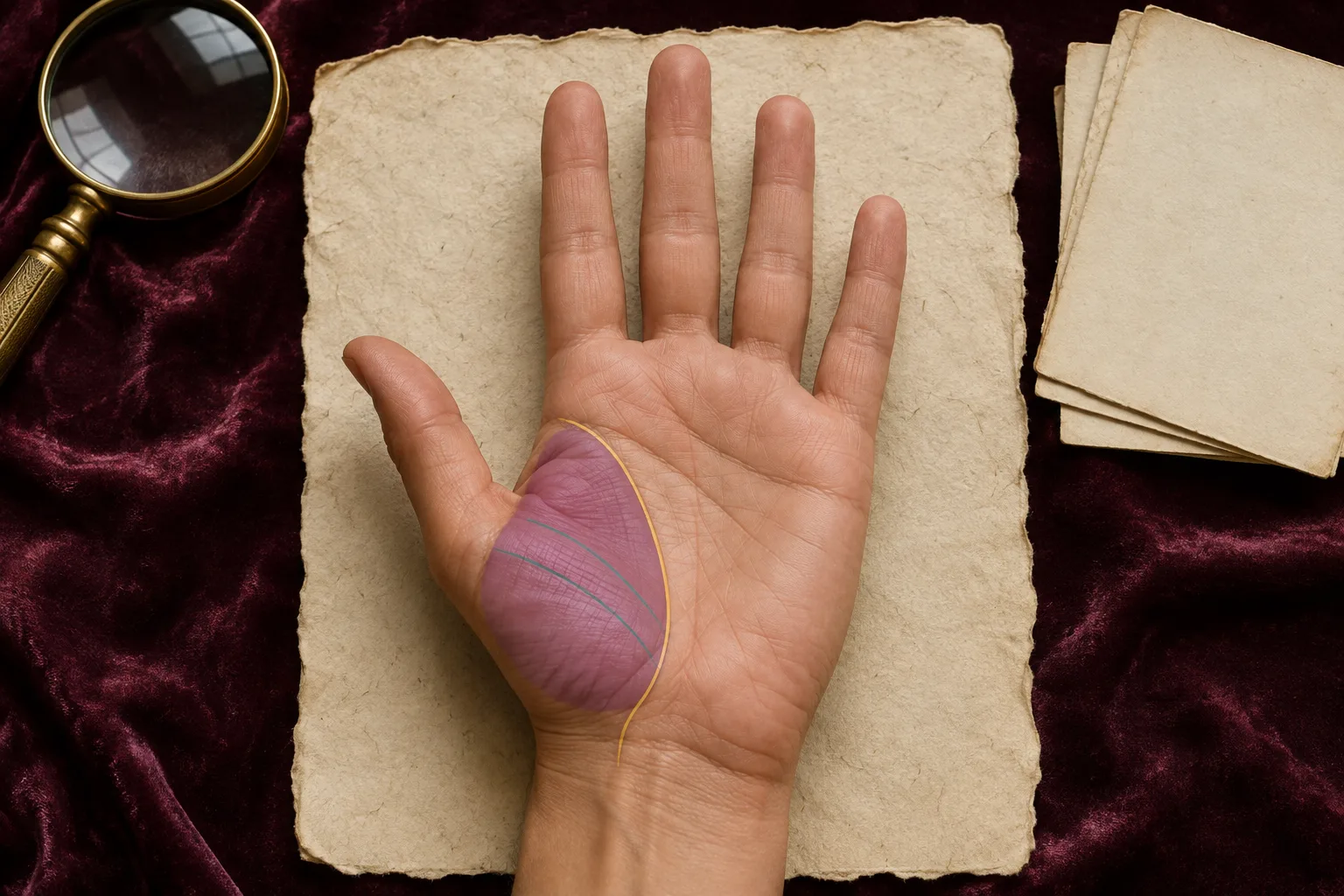 Right palm with the Mount of Venus inside the life-line arc highlighted beside the thumb