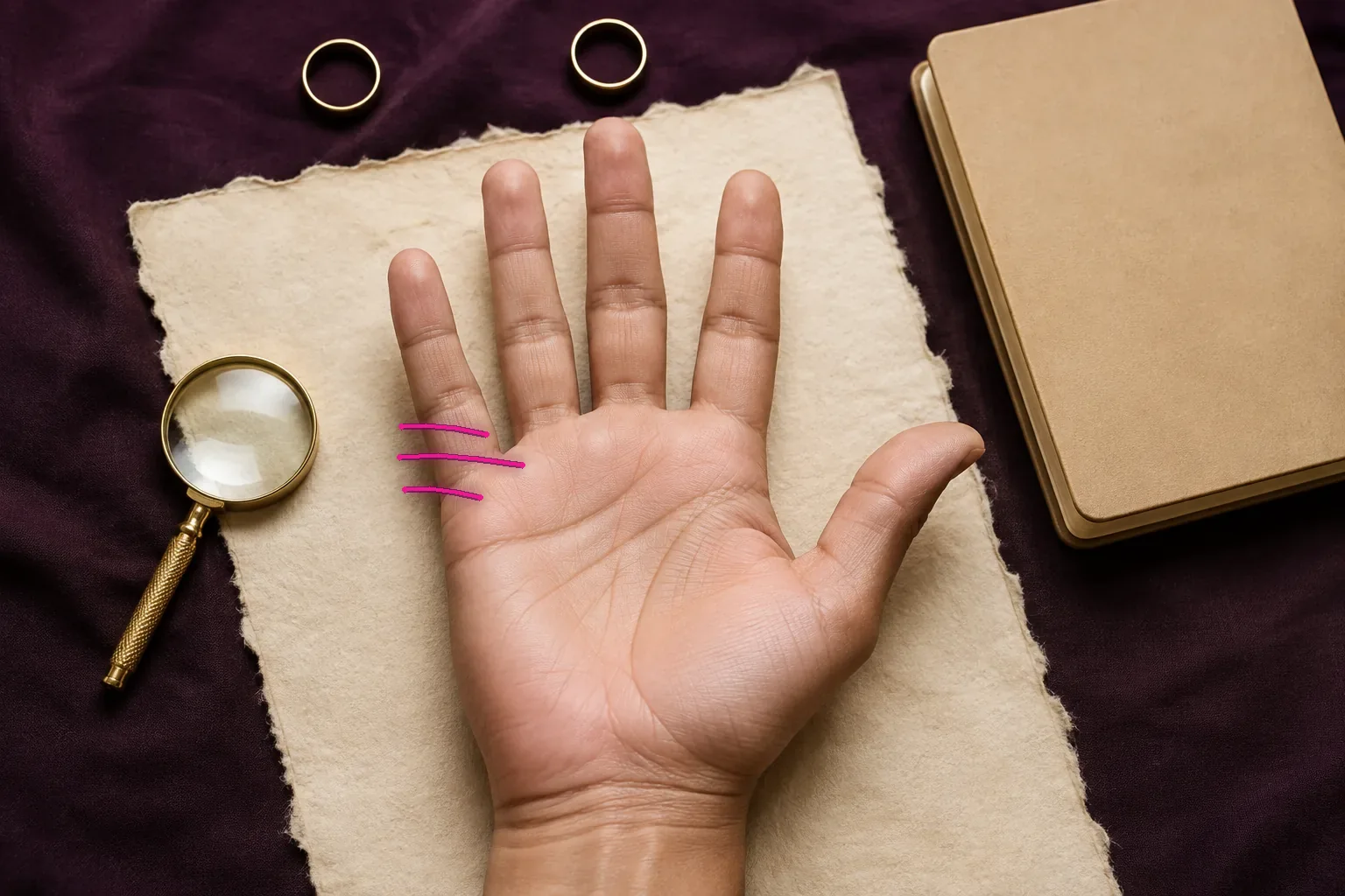 Three separate marriage lines highlighted in magenta on the outer palm below the little finger