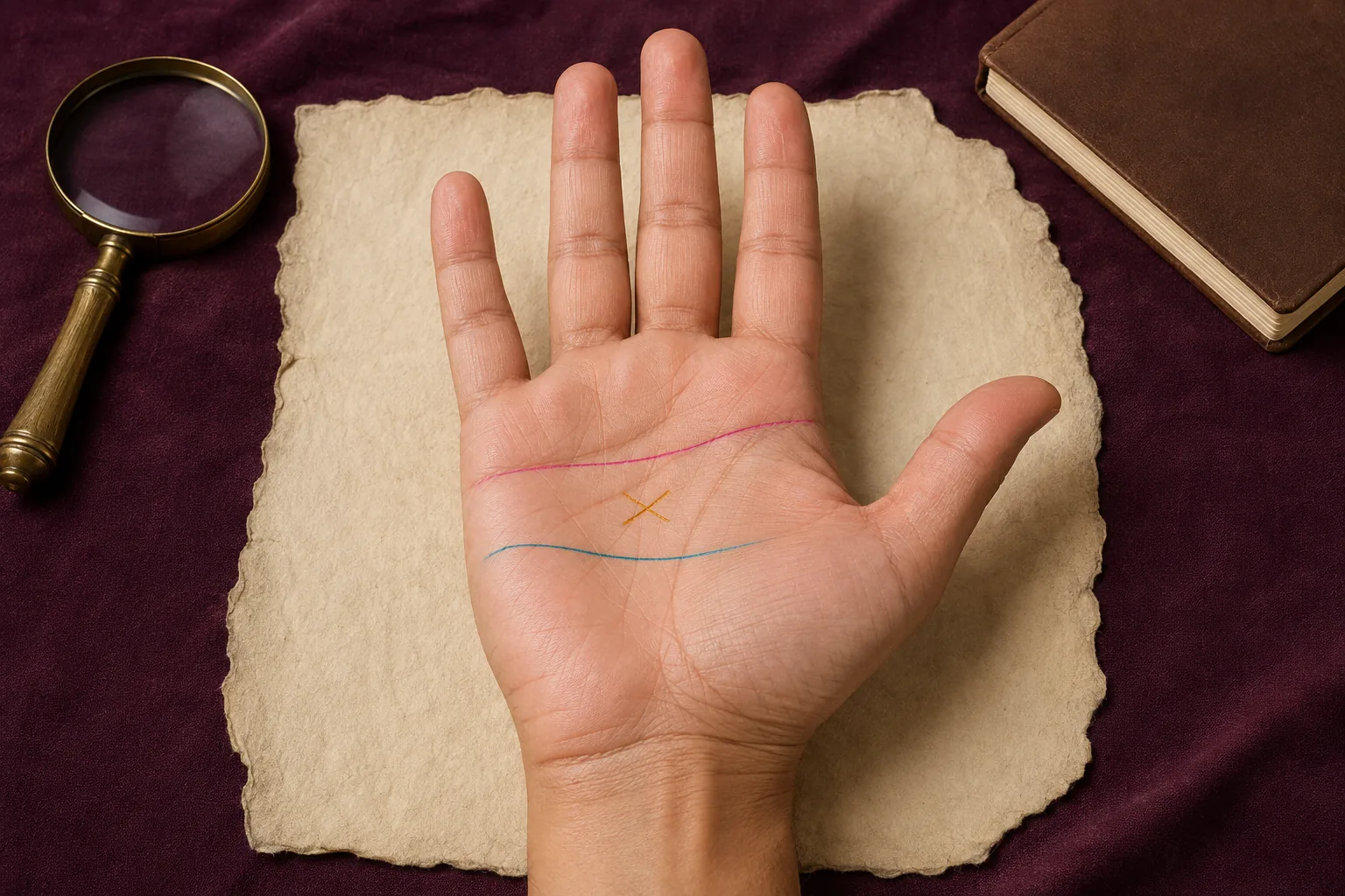 Right palm with the heart and head lines traced around a small independent mystic cross