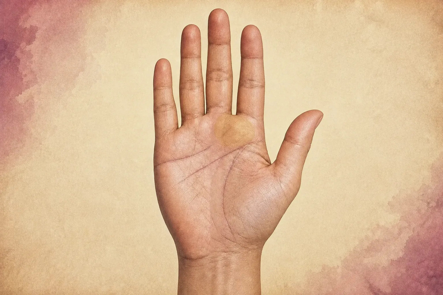 Right palm with the Mount of Apollo highlighted below the ring finger and no continuous vertical Sun line