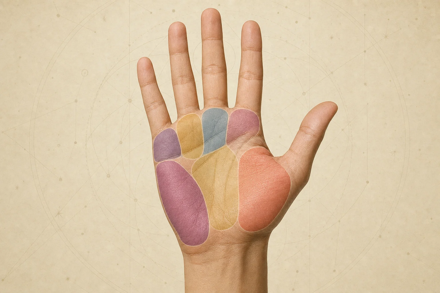 Open palm with seven softly highlighted palmistry mount regions