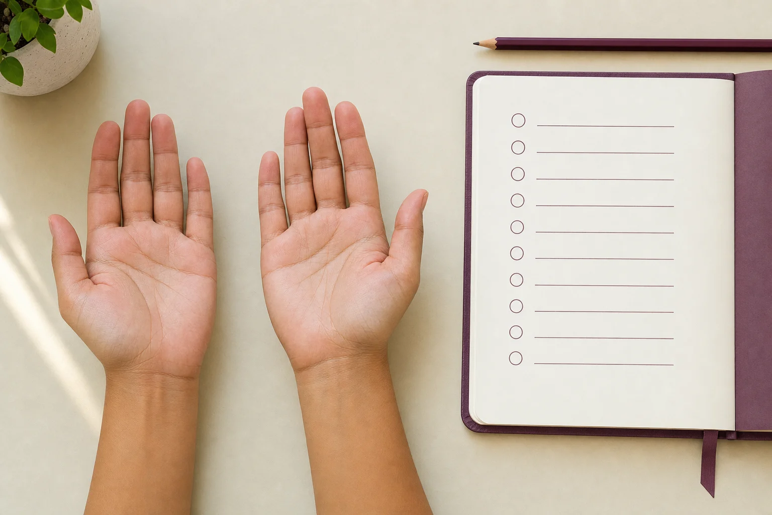 Palm reader's notebook with a ten-step checklist beside two open hands