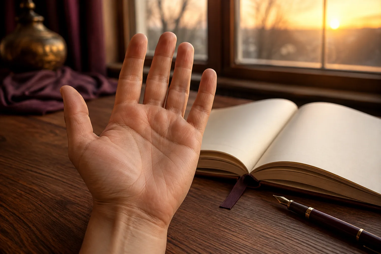 Open palm beside a blank planner in warm sunrise light for a future success reading