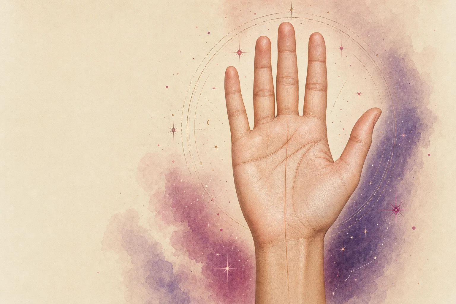 Open palm with visible palmistry lines and celestial accents