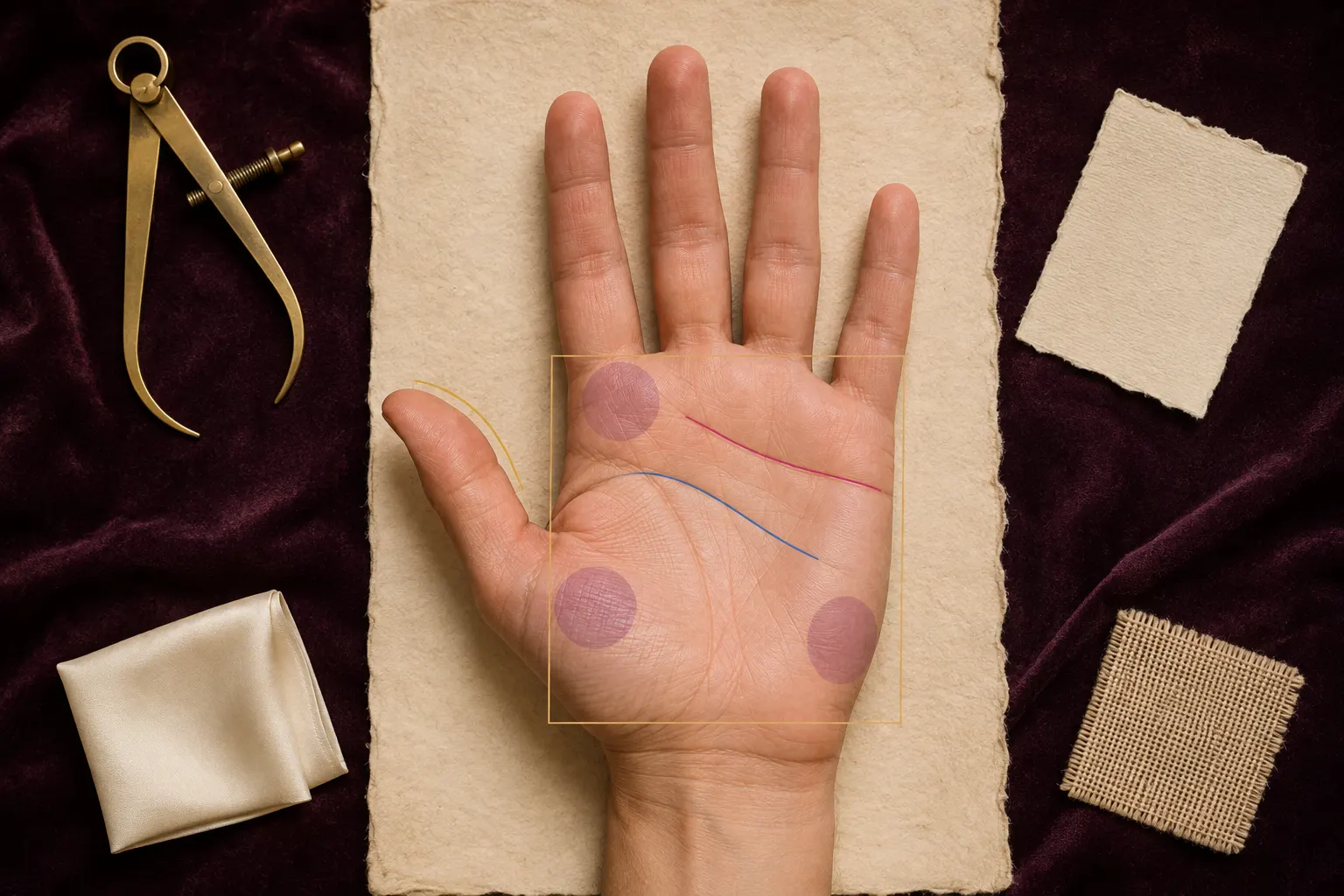 Right palm with proportion, thumb-angle, head-line, heart-line, and mount guides beside texture swatches
