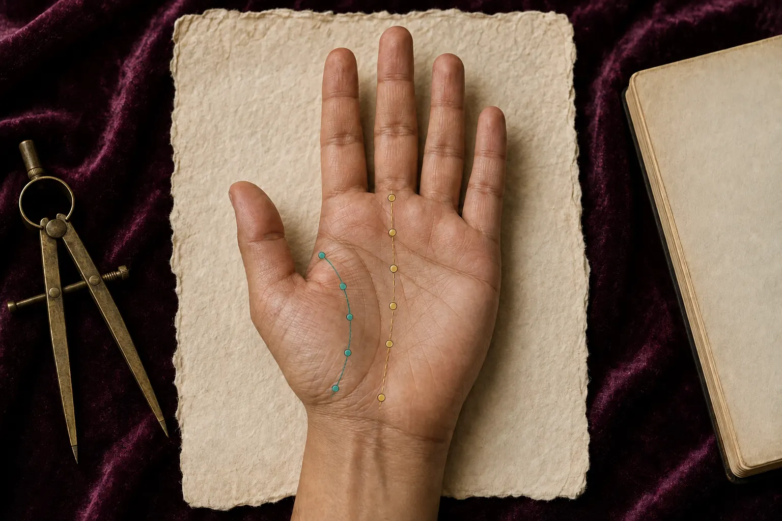 Right palm with dotted timing paths following the central fate line and the life-line arc around the thumb