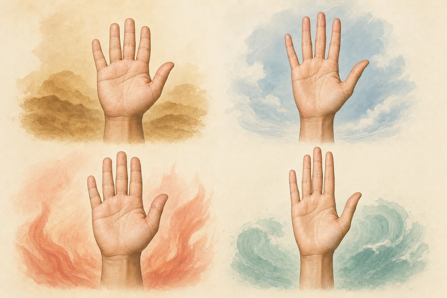 Four open hands arranged as earth, air, fire, and water palmistry types