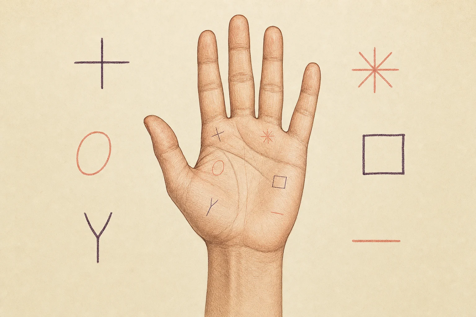 Open palm surrounded by simple examples of cross, star, island, square, fork, and bar markings