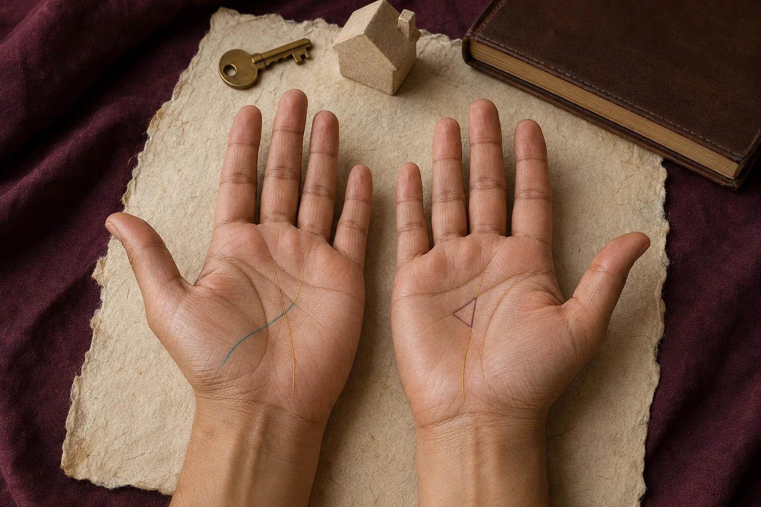 Two open palms showing a family influence joining the fate line and a central money triangle beside a house key