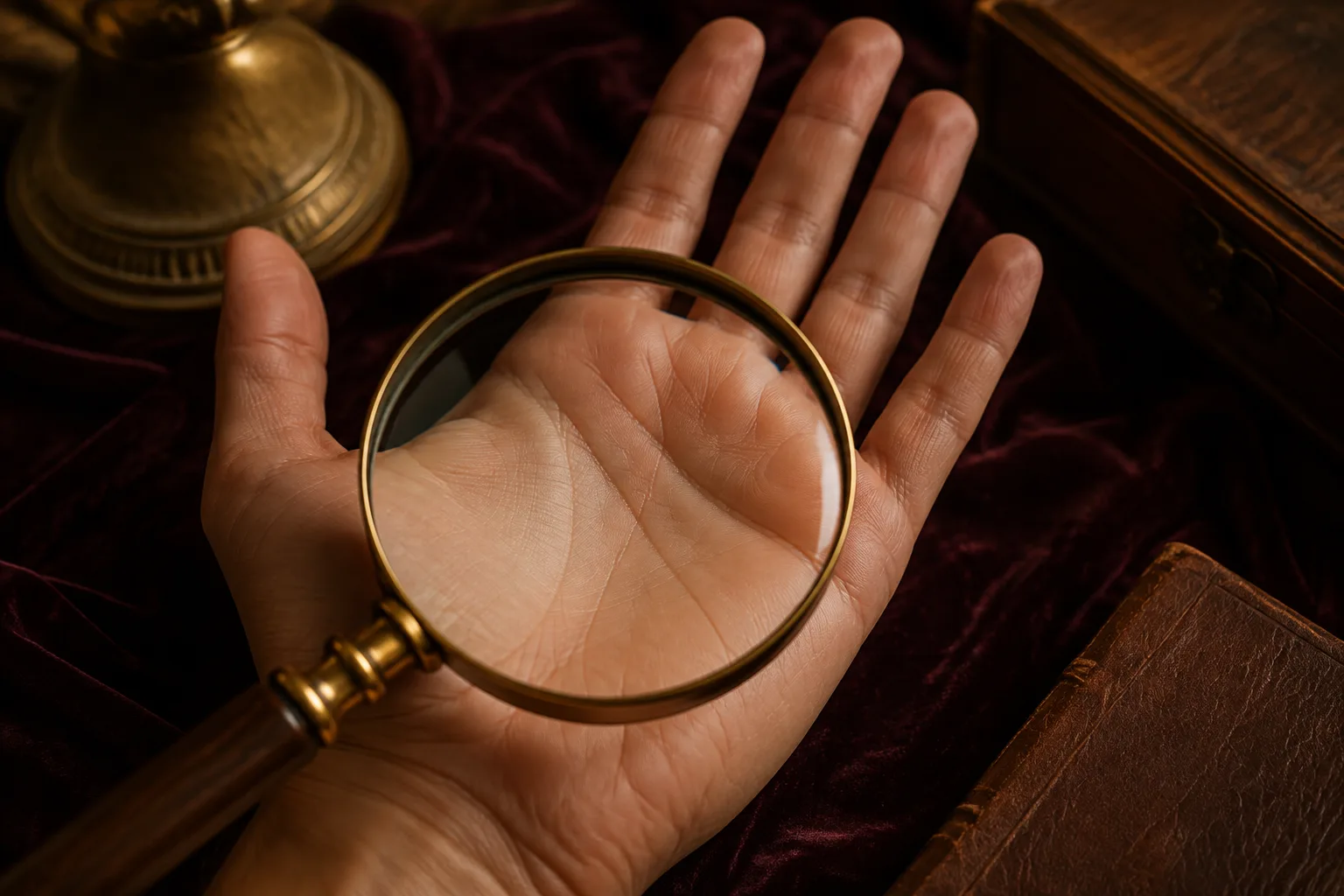 Open palm examined through a brass magnifying glass for rare palm markings