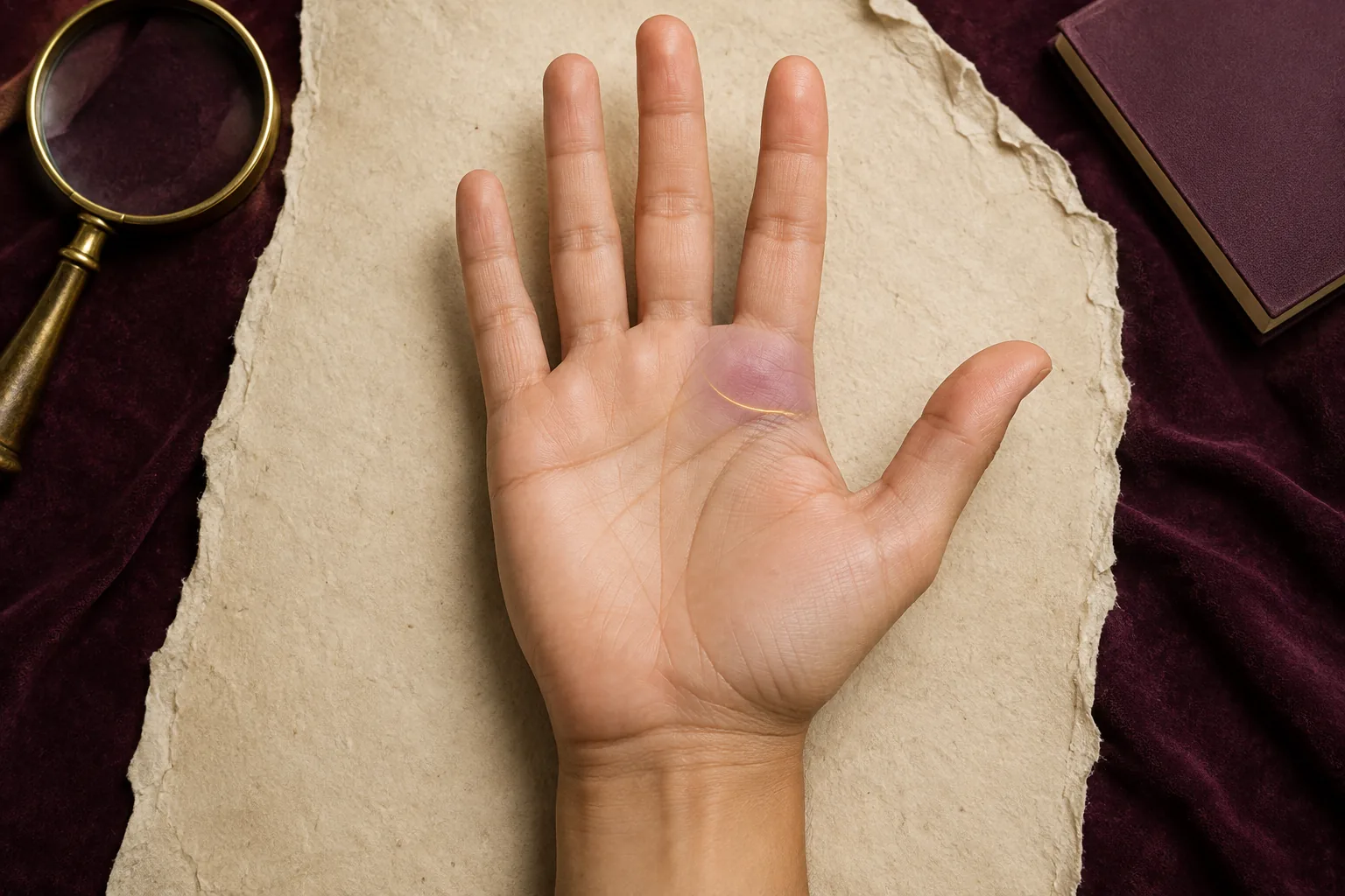 Right palm with the Jupiter mount shaded and a curved Ring of Solomon highlighted below the index finger