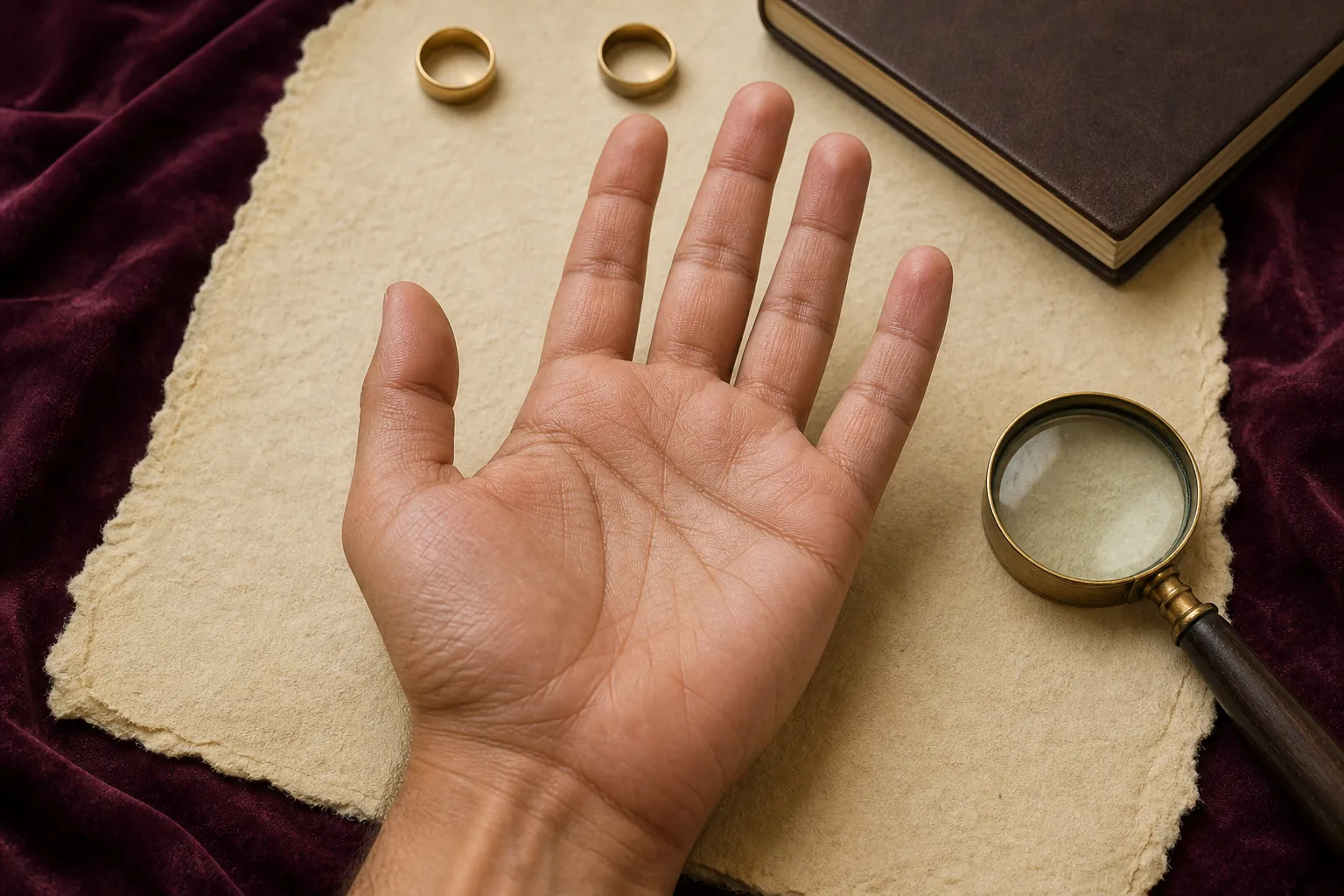 Open left palm beside two separate rings and a magnifying glass for comparing relationship lines