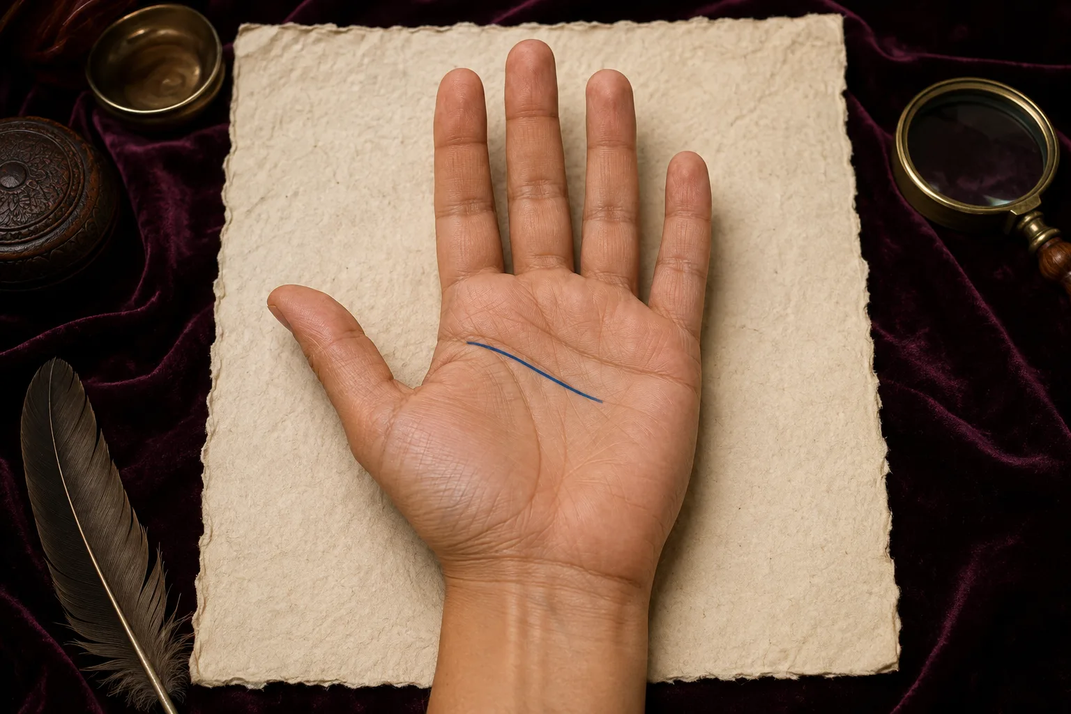 Right palm with one short blue Head line ending near the middle of the palm