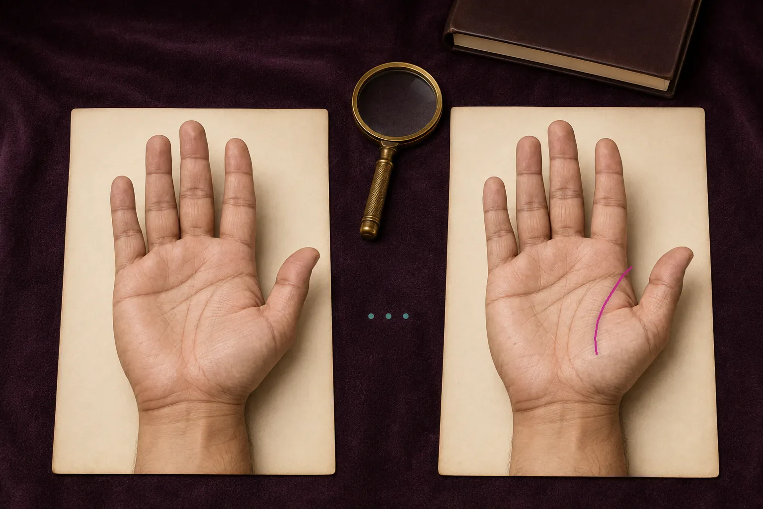 Two palms compared with a short life-line route highlighted on the right palm