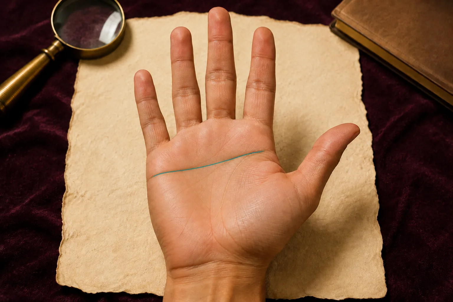 Right palm with one transverse crease highlighted to demonstrate a complete simian line
