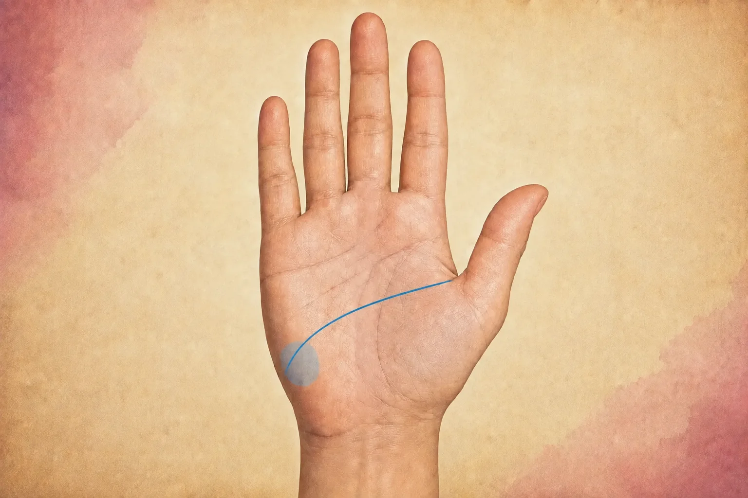 Single blue head line descending across the palm into a shaded Mount of Moon at the lower outer edge