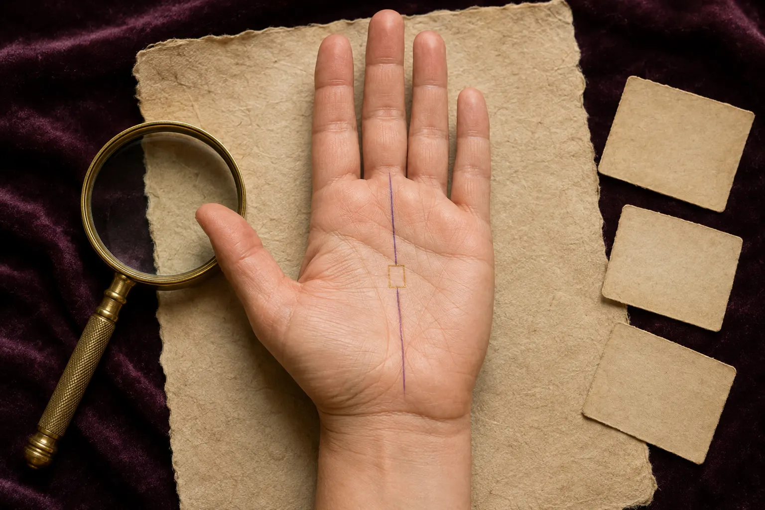 Right palm with a four-sided square enclosing a gap in the central fate line