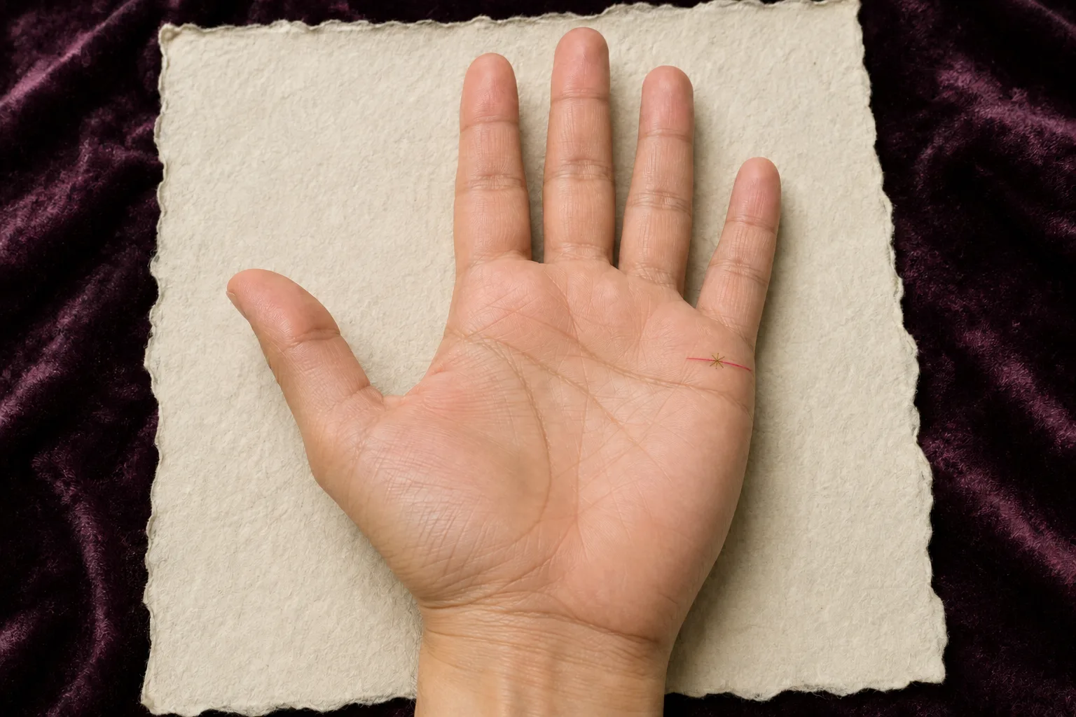 Open right palm with a six-ray gold star centered on a short rose relationship line