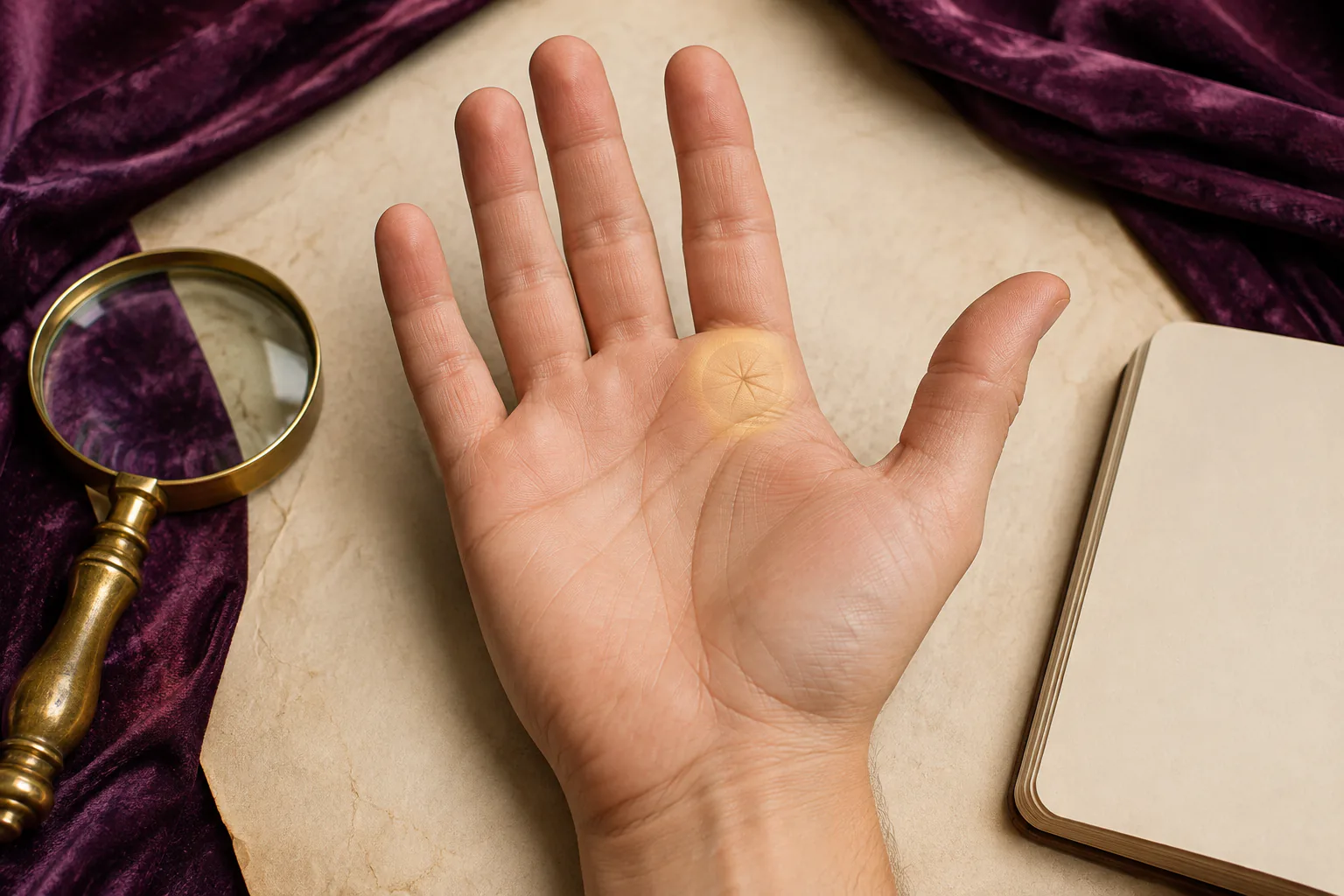 Right palm with a six-rayed crease formation highlighted on the Jupiter mount below the index finger