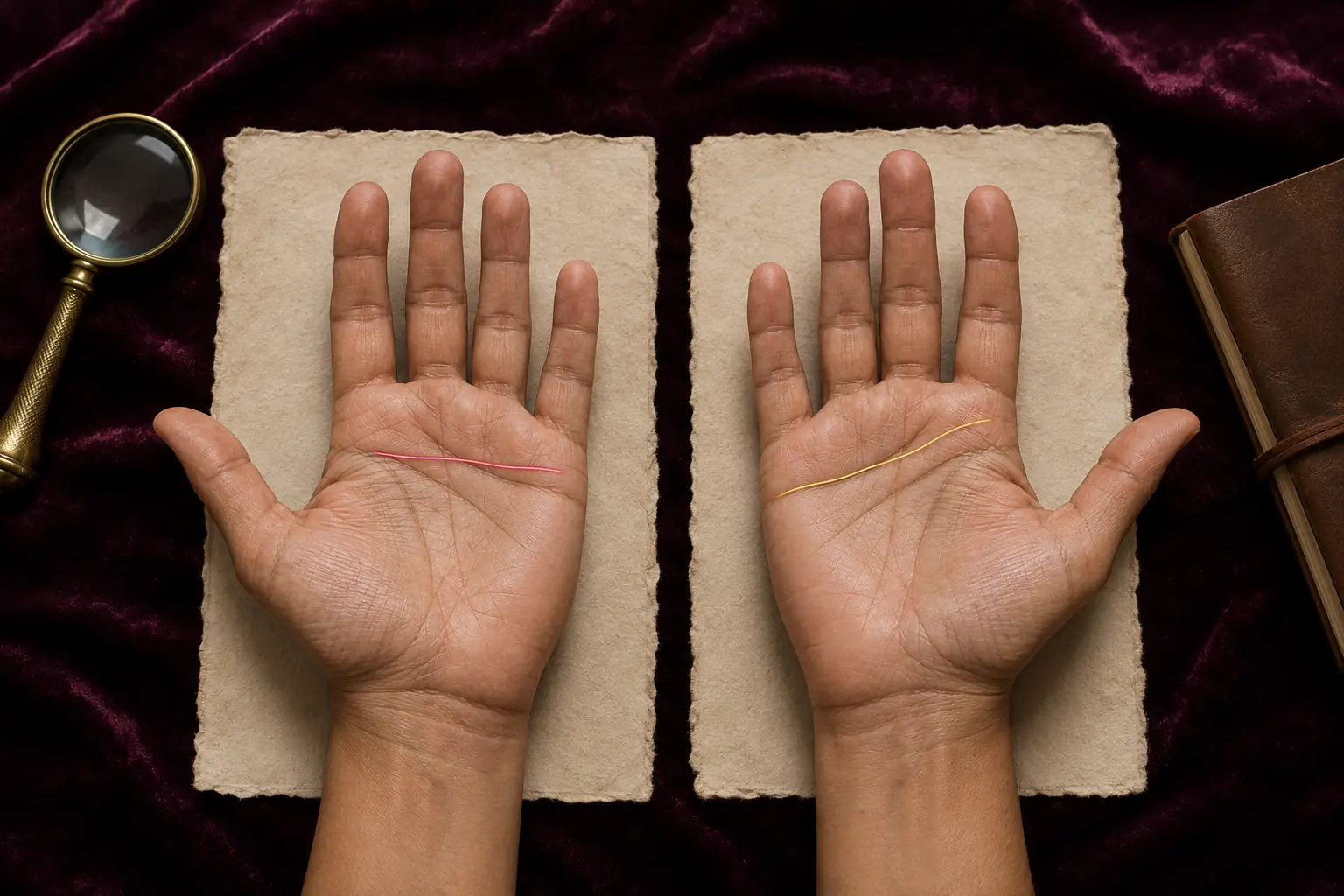 Two palms comparing a level rose Heart line with a gold Heart line curving toward the fingers