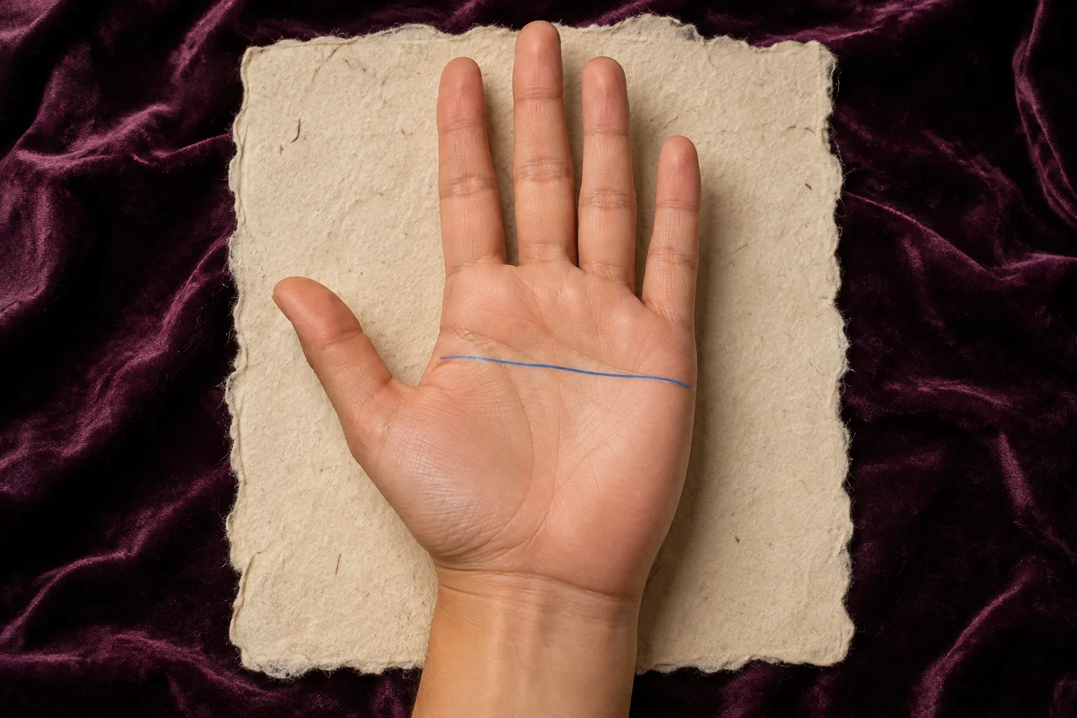 Right palm with one blue Head line traced in a level path toward the outer edge