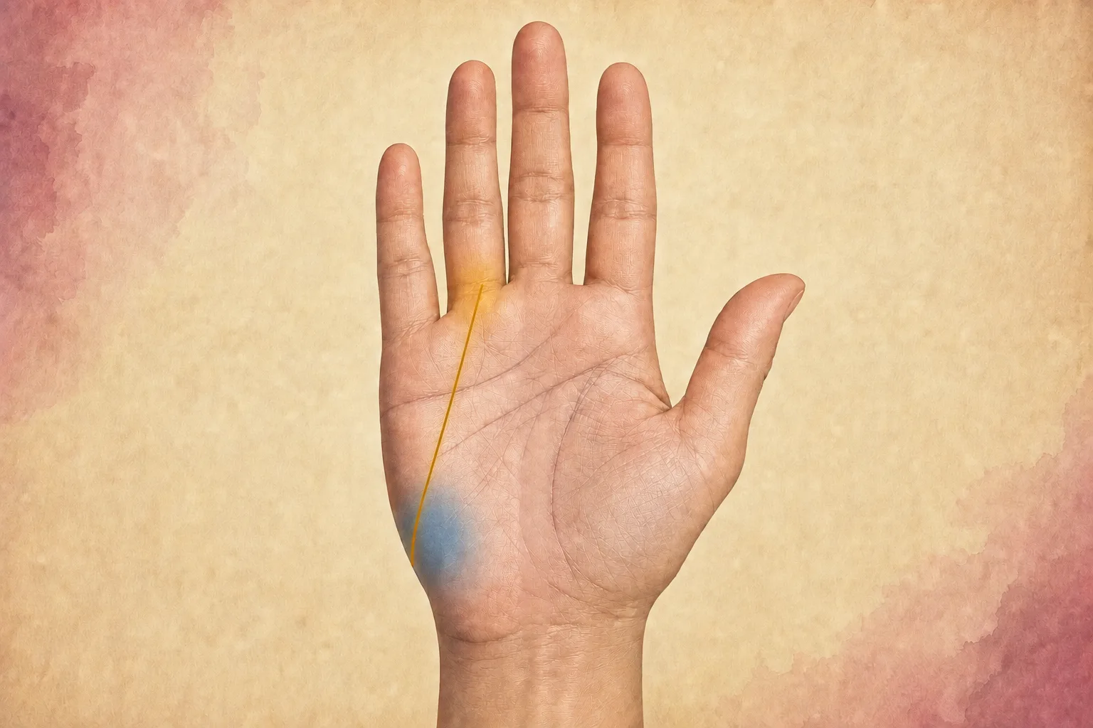 Gold Sun line rising from the blue-shaded Mount of Moon to Apollo below the ring finger