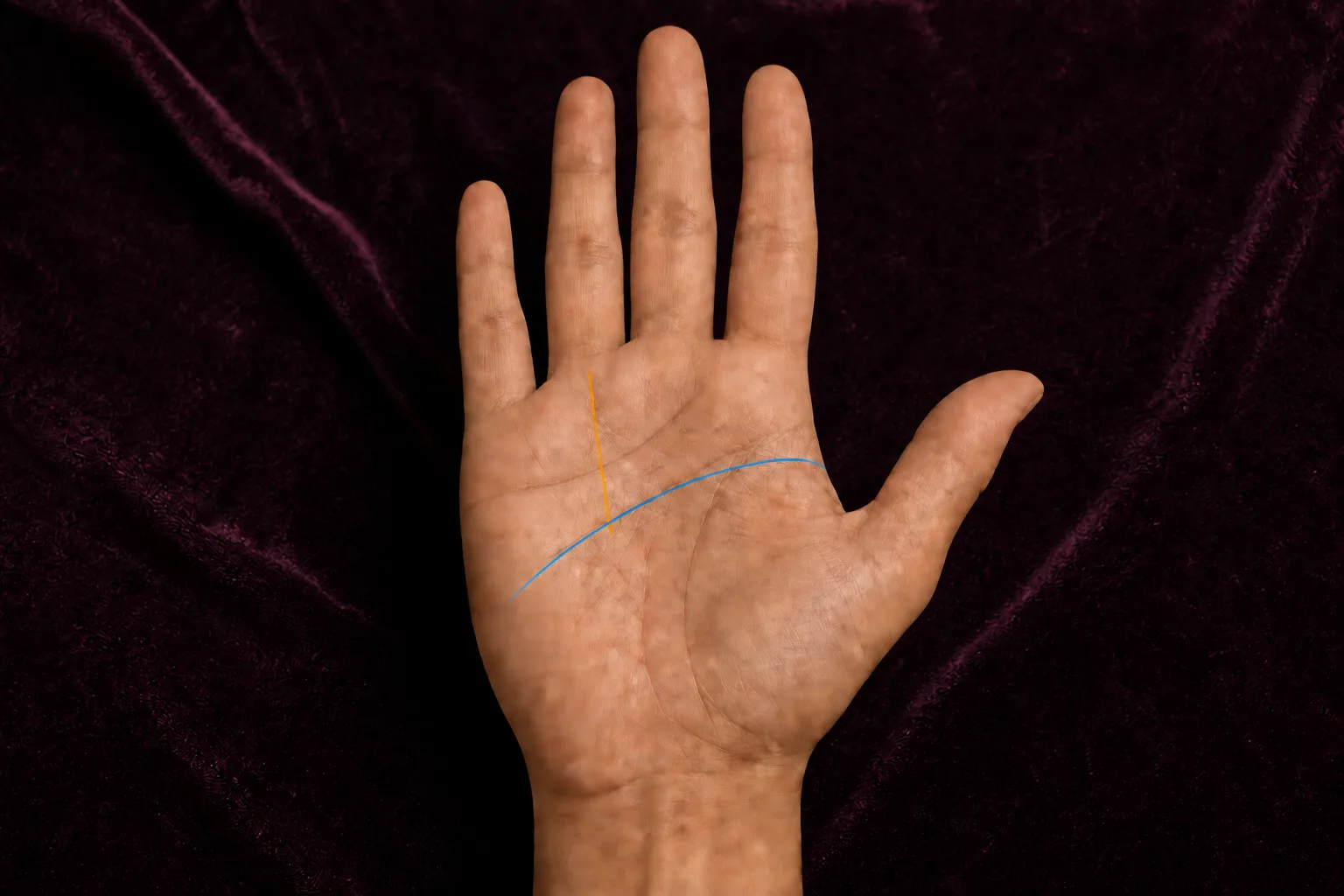 Gold Sun line beginning at a blue head line and rising toward Apollo below the ring finger
