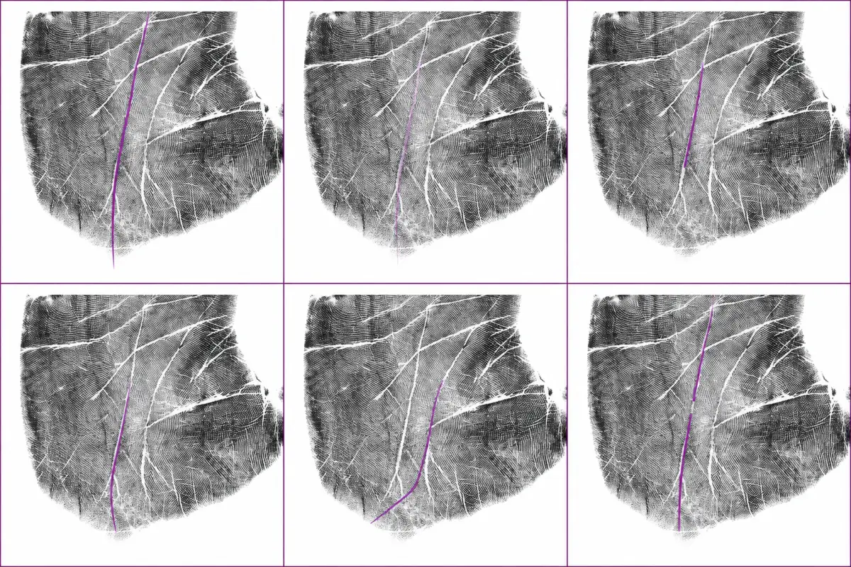 Six palm-print panels showing common fate-line variations highlighted in violet