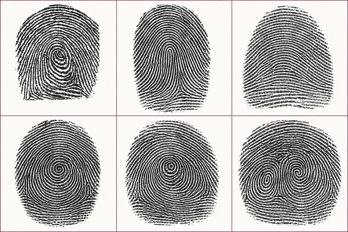 Six fingerprint impressions showing loops, arches, whorls, and a composite pattern