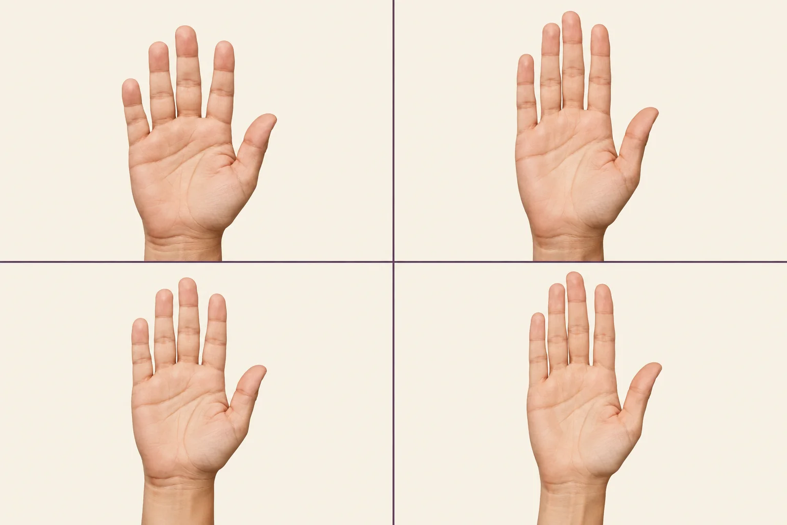 Four open palms arranged in a grid to compare palm and finger proportions