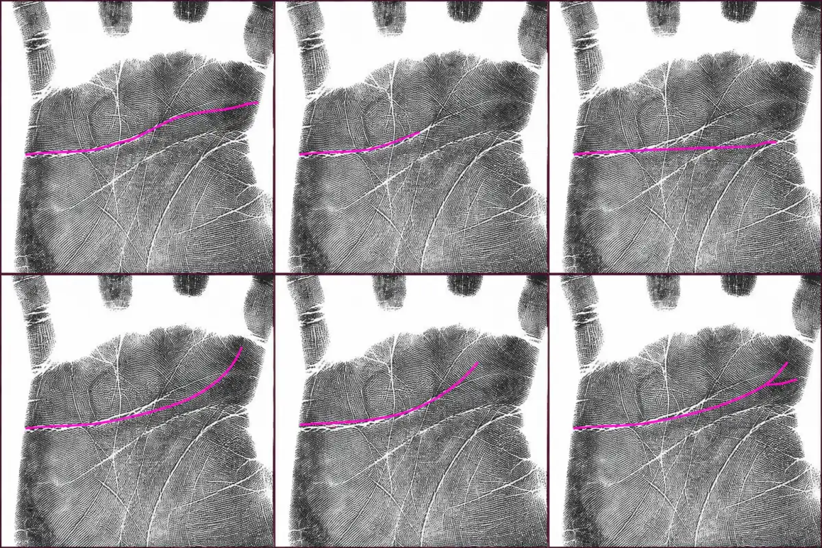 Six palm-print panels showing common heart-line variations highlighted in magenta