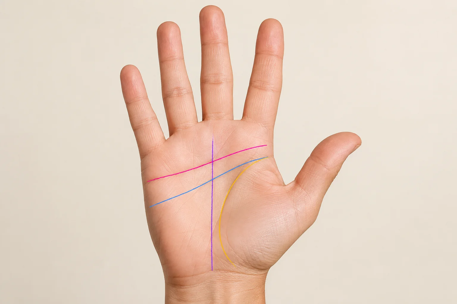 Left palm with the heart, head, life, and fate lines highlighted in four colours